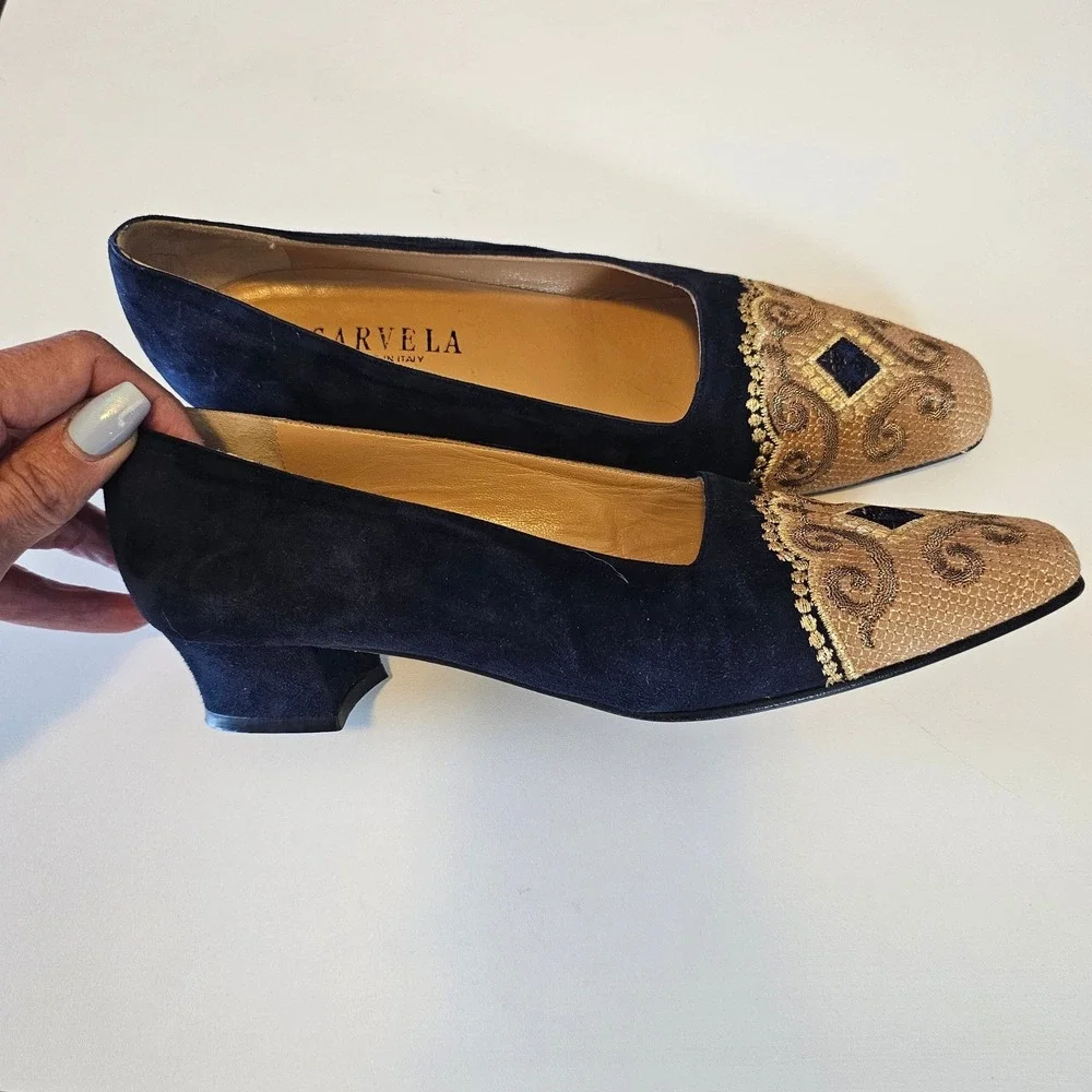 Carvela blue velvet womens loafers gold embroidered‎ toe italy classy old money